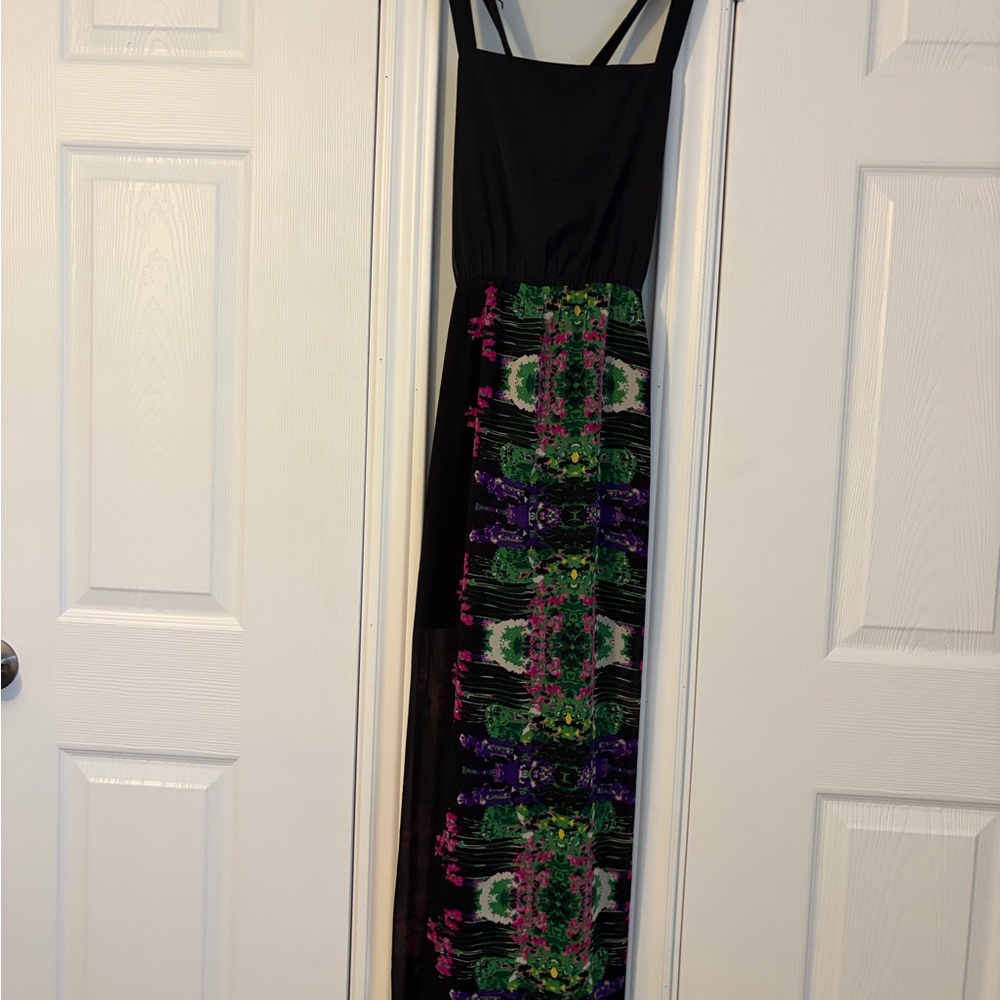 Walter Baker Black Maxi Dress with Green & Purple Floral Panel Size Large